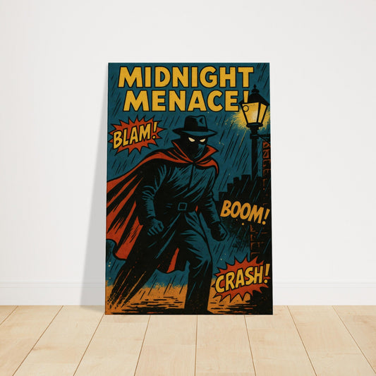 Vintage comic cover of masked vigilante walking in rainy alley under lamppost with BLAM and CRASH comic text.