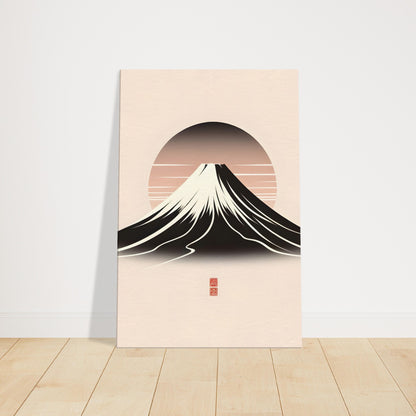 Stylized minimal art of Mount Fuji with soft pastel sky and snow-capped peak.