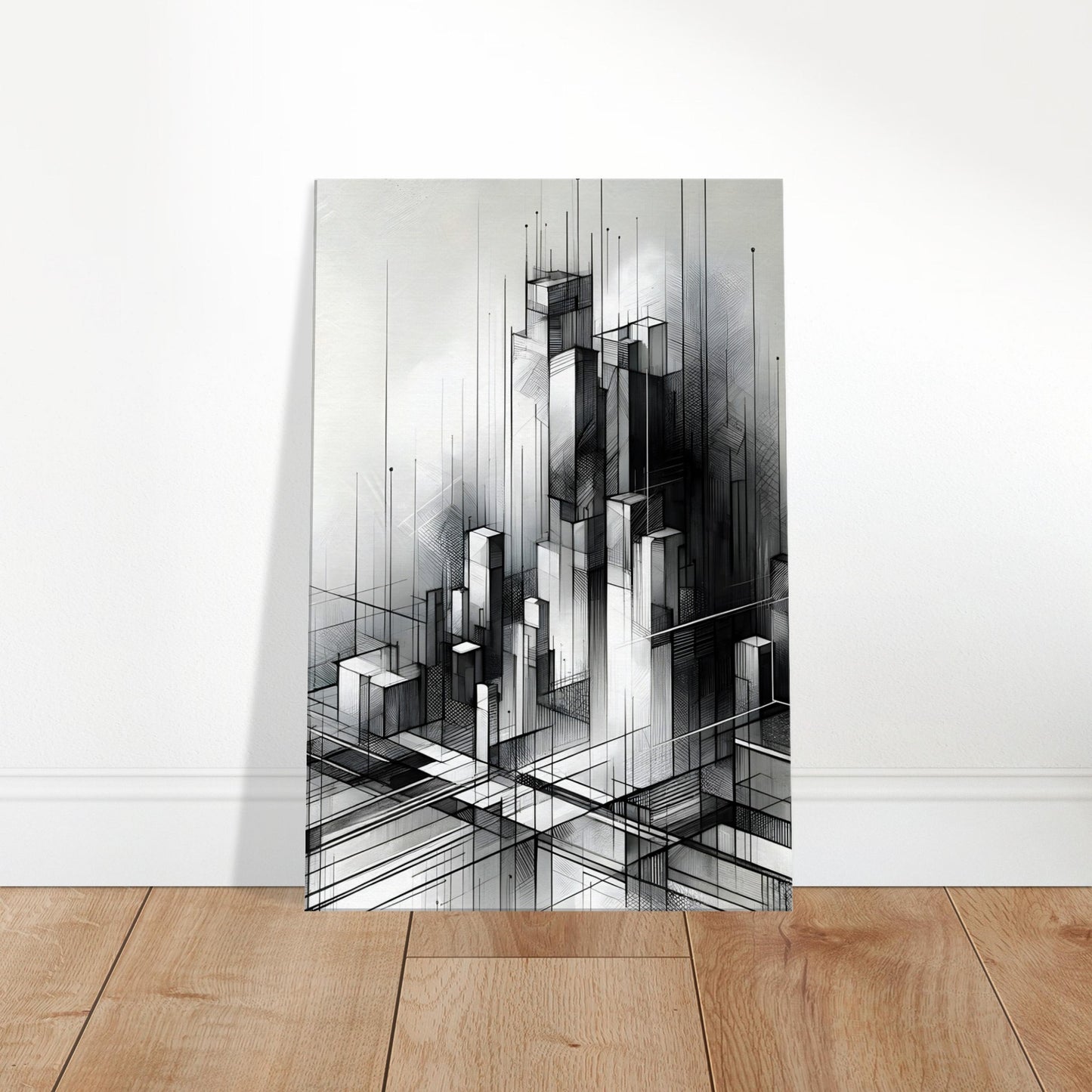 Minimalist wall art with sparse grayscale lines and shapes arranged to create a sense of space and simplicity.