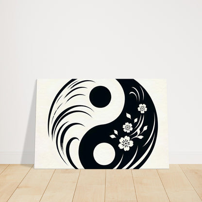 Minimalist Yin Yang symbol with cherry blossoms, black and white abstract art.