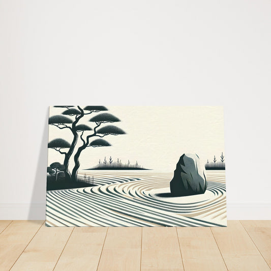 Stylised trees and solitary rock in raked sand, minimalist Japanese Zen garden illustration.