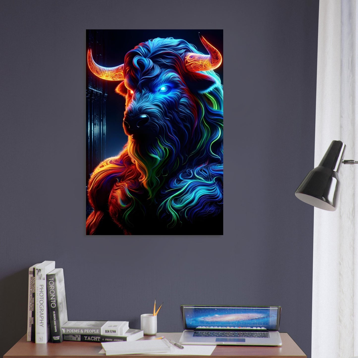 Metal poster of a glowing Minotaur with electric blue, green, and red accents standing in a dark labyrinth.