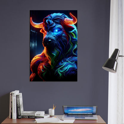 Metal poster of a glowing Minotaur with electric blue, green, and red accents standing in a dark labyrinth.