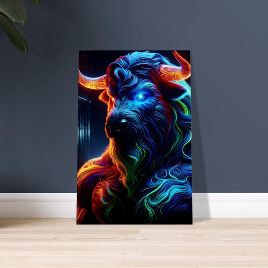 Mythical Luminous artwork of a muscular Minotaur glowing in electric blue, neon green, and fiery red, set in a dark labyrinth with a black background.