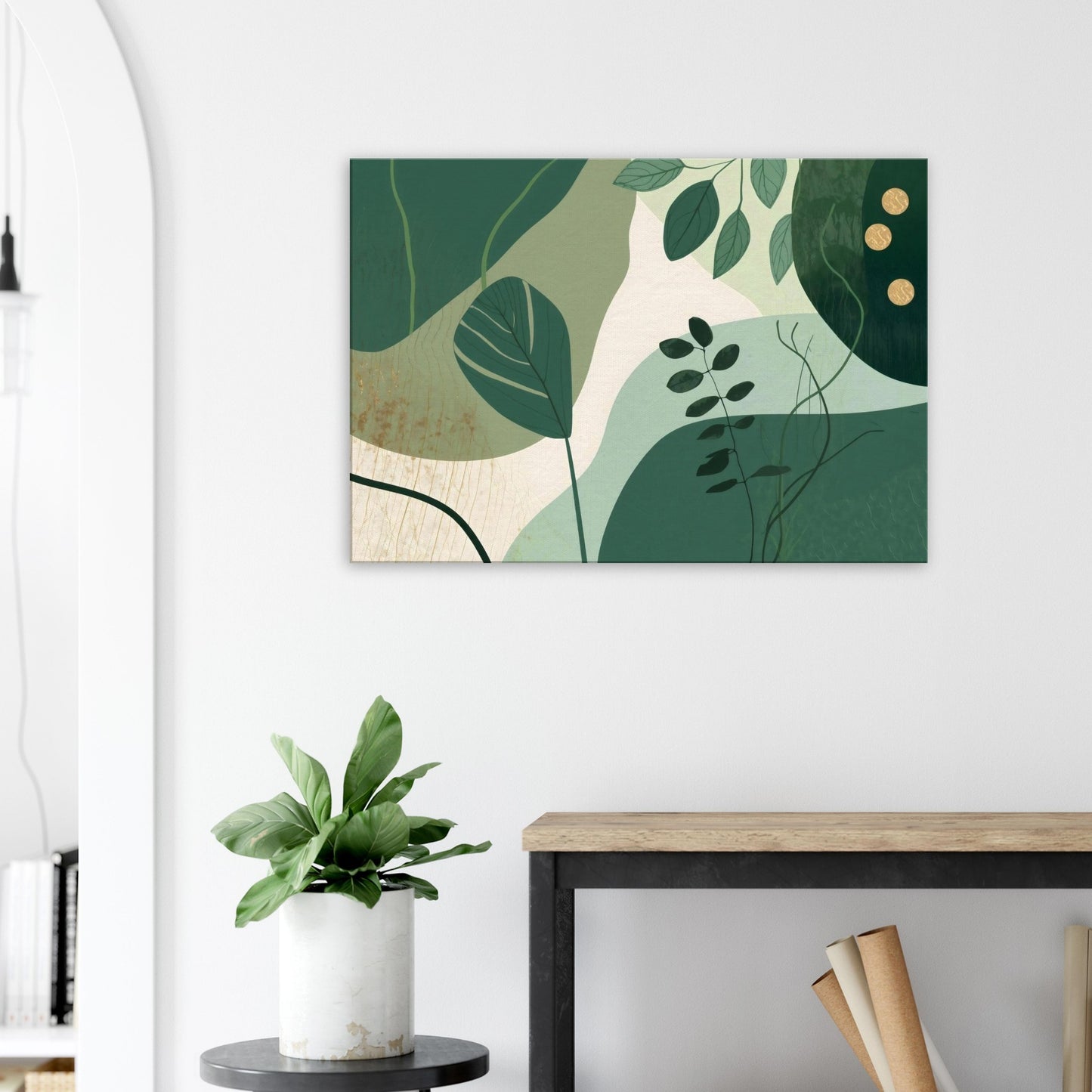 Canvas wall art displauing mint and eucalyptus botanical silhouettes rising toward a soft neutral horizon gradient.