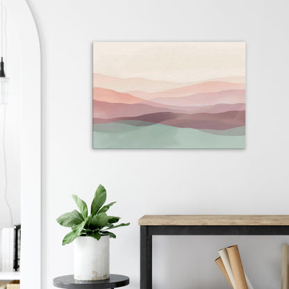 Landscape canvas with horizontal muted mint, blush, and cream layers evoking soft tranquility.