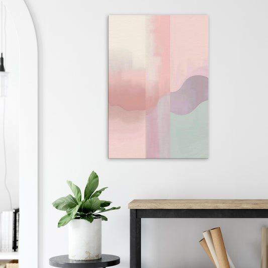 Portrait canvas with vertical muted mint, cream, soft blush, and pale taupe layers evoking pastel serenity.