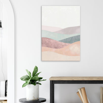 Portrait canvas with vertical muted mint, cream, pale blush, and taupe layers evoking pastel serenity.