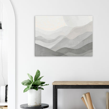 Portrait canvas with vertical muted green-grey, stone, and off-white layers evoking misty pine forests.