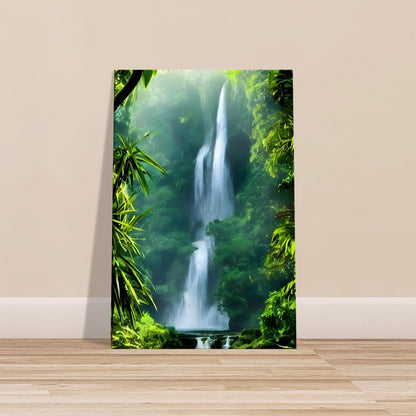 Jungle waterfall surrounded by mist and lush tropical greenery in a serene rainforest setting.