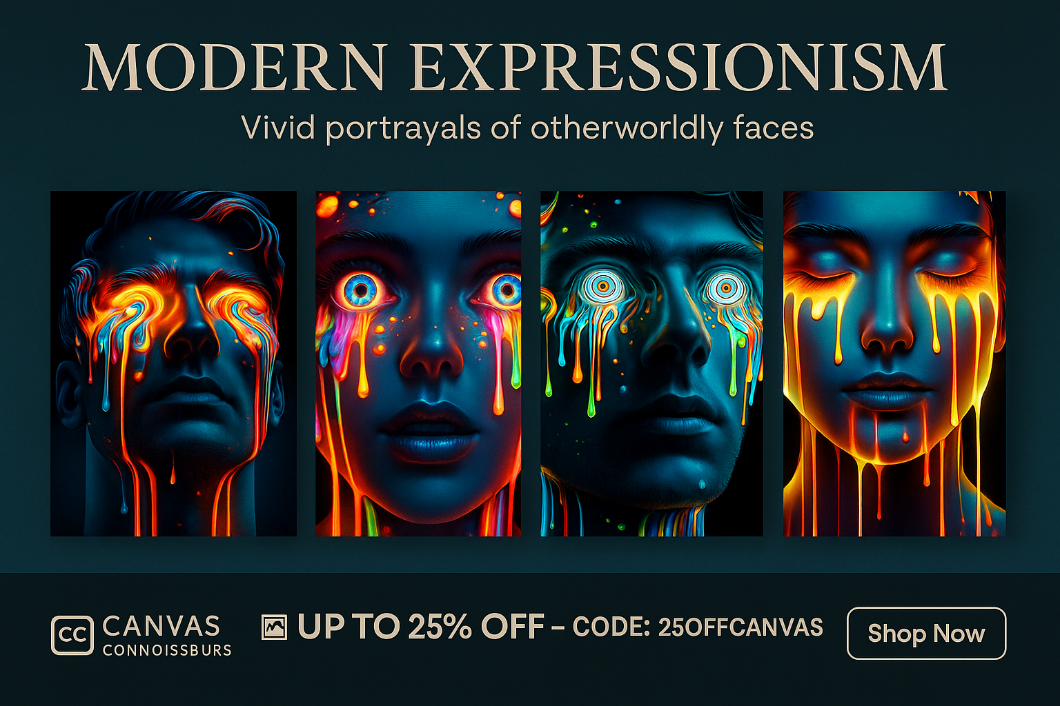 A 3:2 promotional digital banner showcasing four surreal neon-drip portrait artworks from the Modern Expressionism Collection, featuring vibrant paint streaks flowing from the eyes of digitally illustrated male and female faces against minimal white-panelled and wooden interior backgrounds; bold central header reads “Modern Expressionism Canvas Art” with tagline “Unfiltered Emotion in Vivid Colour”, and promo box below displays “🖼️ UP TO 25% OFF – CODE: 25OFFCANVAS” along with a Canvas Connoisseurs logo.