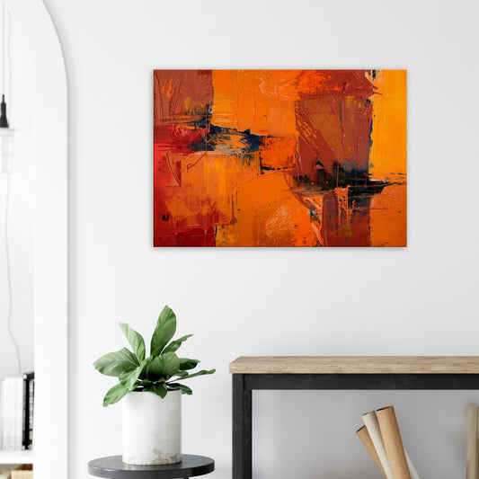 Bold warm abstract canvas artwork featuring molten orange, deep rust, black accents, and textured brushwork.