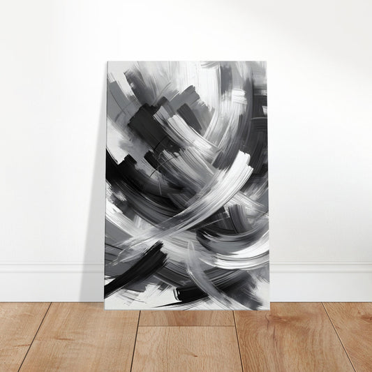 Abstract grayscale canvas featuring bold, energetic brushstrokes in varying shades of gray.