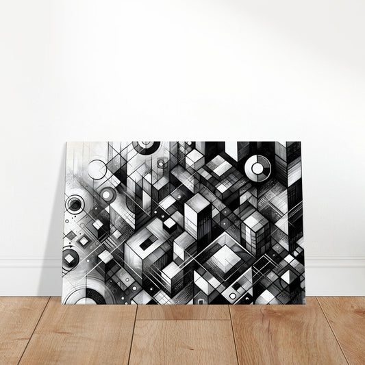 Black and white abstract artwork featuring interlocking cubes and circles arranged to create depth, shadow, and geometric harmony.