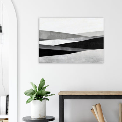 Landscape canvas with horizontal and vertical monochrome grids in black, white, and muted grey forming geometric shapes.