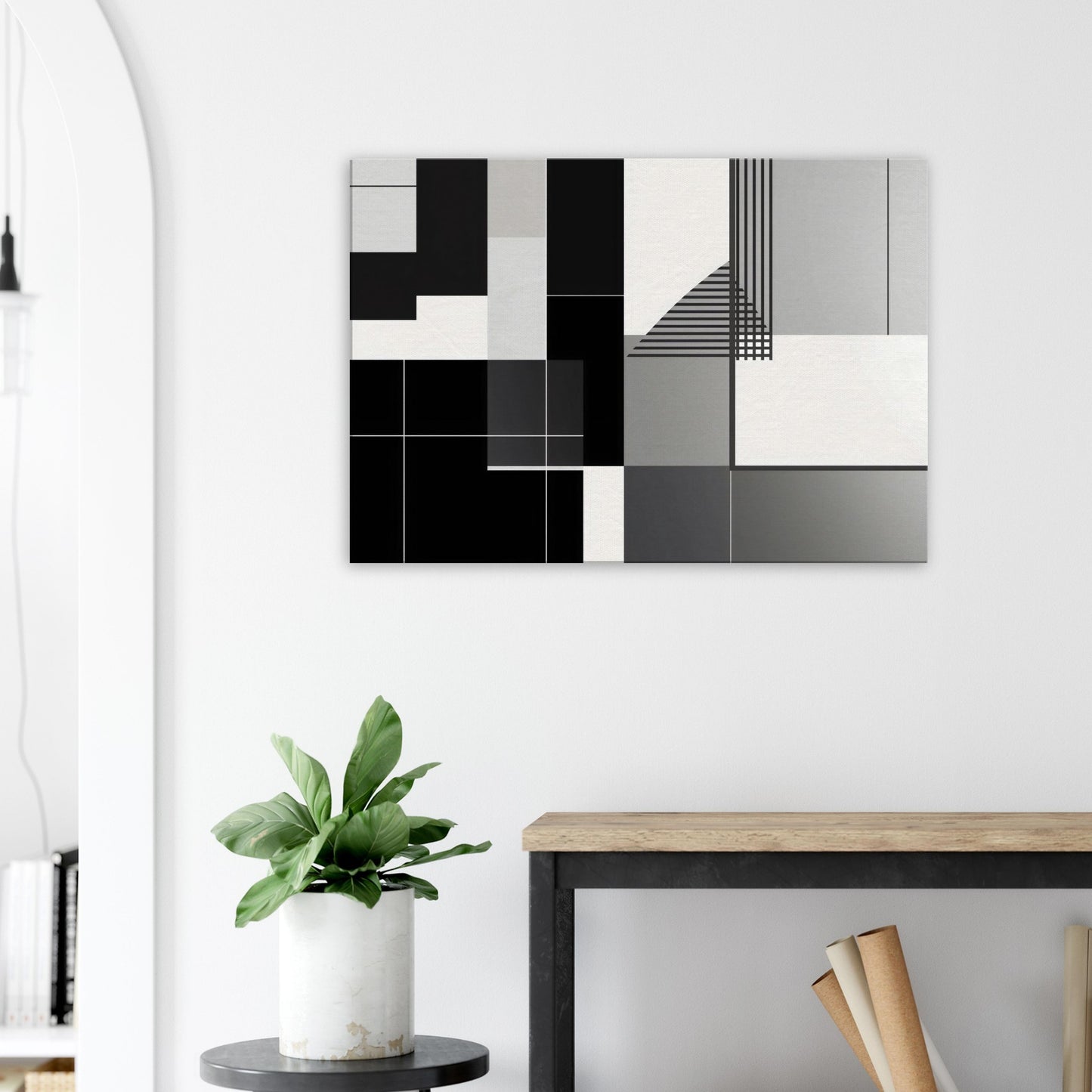 Landscape canvas with horizontal black, white, and muted grey geometric blocks and clean lines forming abstract shapes.