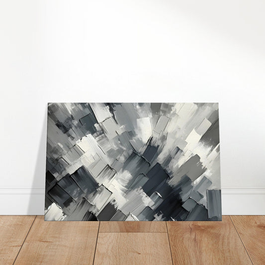 Grayscale abstract canvas featuring bold, sweeping brushstrokes in varied shades to convey movement and energy.