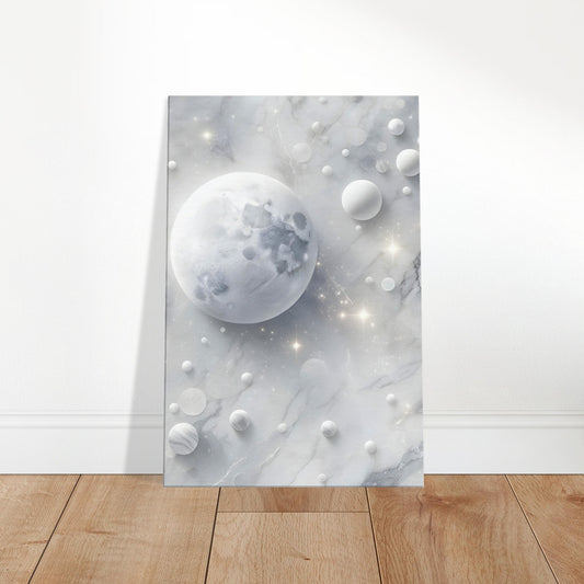 White marble wall art with soft grey and pearlescent veining and a polished finish, evoking moonlight and calm.