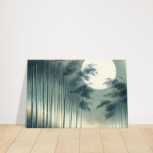 Moonlit bamboo forest at night with tall stalks swaying gently under a soft, glowing sky.