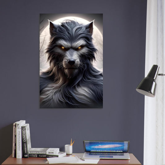 Metal poster of a werewolf in mid-transformation with glowing yellow eyes, dark fur, and misty moonlit forest background.