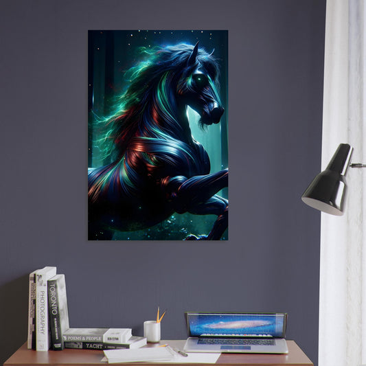 Metal poster of a black Centaur with glowing red, green, and blue streaks standing in a moonlit enchanted forest.