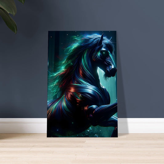 Artwork of a black Centaur with glowing green, blue, and red highlights in a moonlit forest with illuminated foliage.