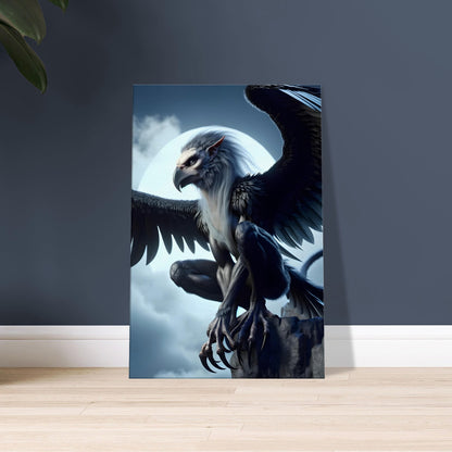 Artwork of a Harpy with a pale human face, dark wings, and talons, perched on a jagged cliff under a moonlit sky.