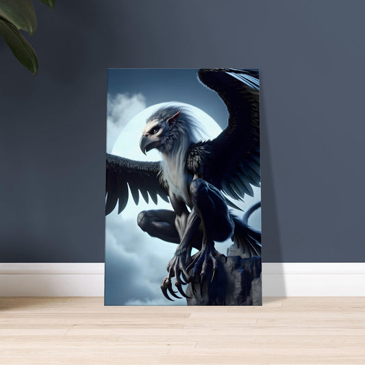 Artwork of a Harpy with a pale human face, dark wings, and talons, perched on a jagged cliff under a moonlit sky.