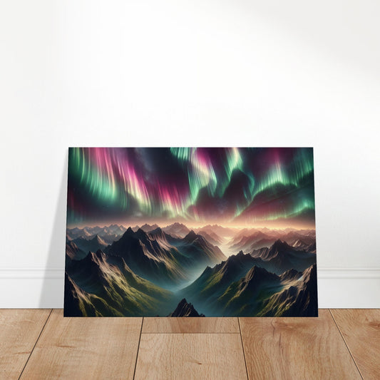 Aurora borealis in vibrant colors sweeping over tall mountain peaks under a starry night sky.