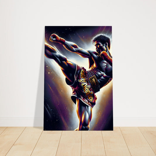 A Muay Thai fighter in an aggressive stance with fists raised, set against a glowing backdrop that emphasizes focus and form.