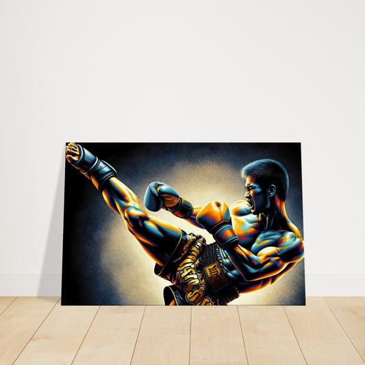 A Muay Thai fighter performs a powerful high kick, with muscles defined by dramatic lighting in a dynamic composition.