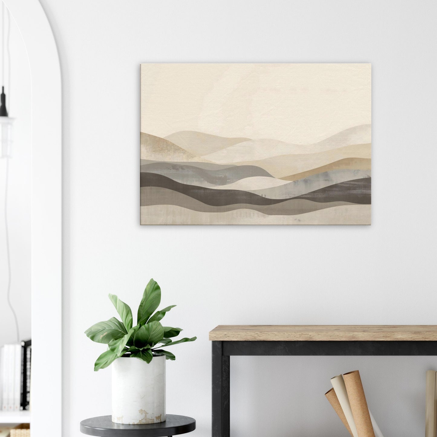 Landscape canvas with horizontal muted bamboo, grey, cream, and taupe layers evoking Japandi calm.