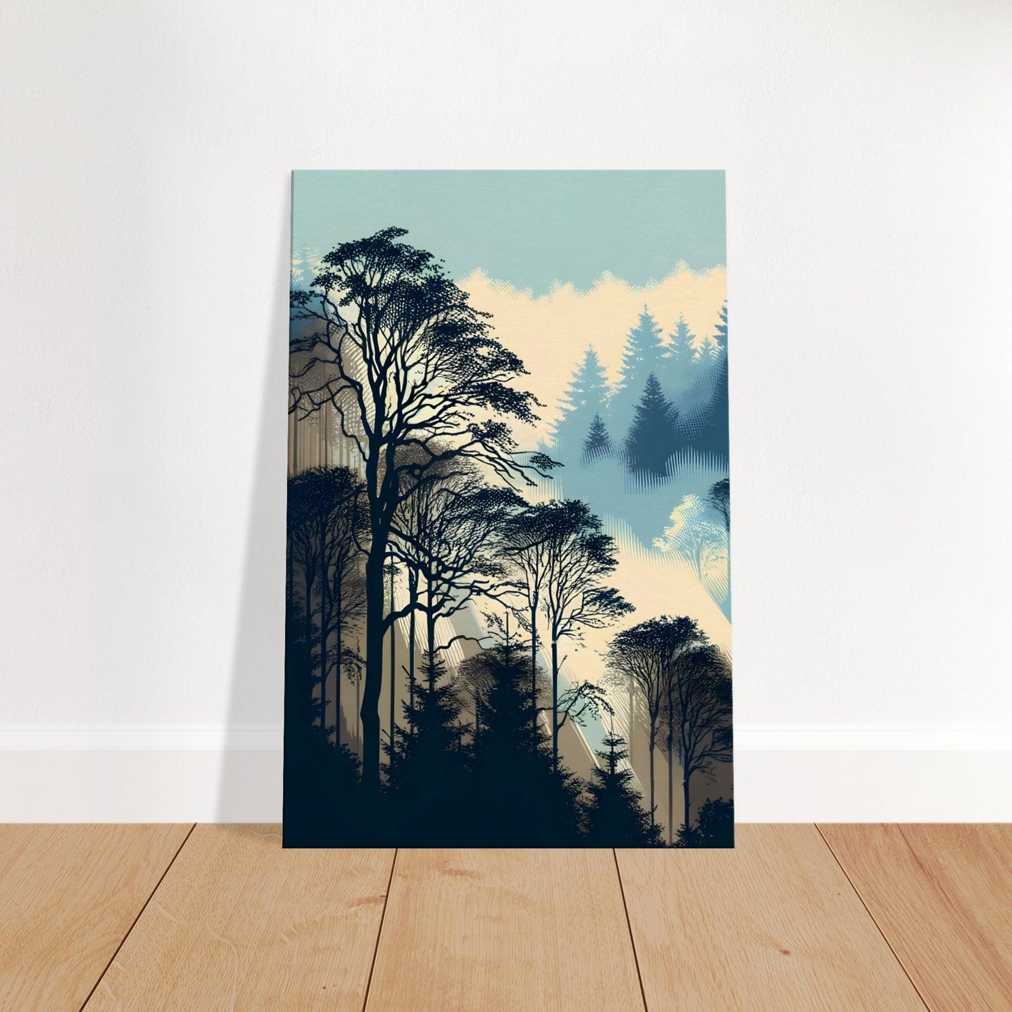 Silhouetted trees in a misty forest with foggy gradients and stylized pop art contrast in earthy and blue tones.