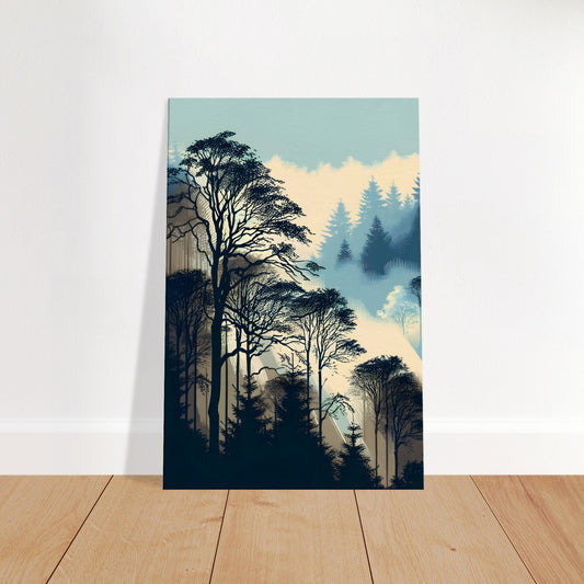 Silhouetted trees in a misty forest with foggy gradients and stylized pop art contrast in earthy and blue tones.