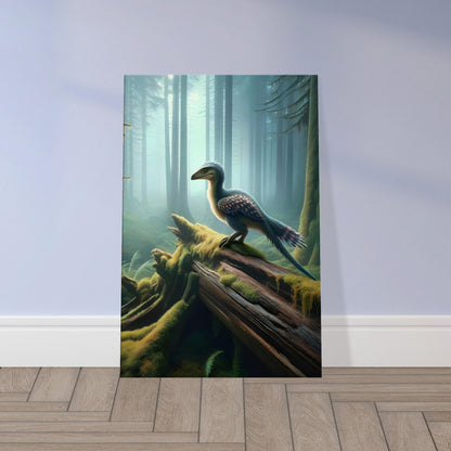 Wall art of a small, feathered dinosaur with colorful plumage standing alert in a misty, ancient forest setting.