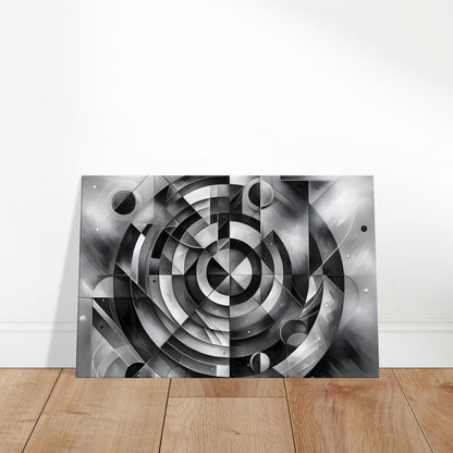 Black and white abstract canvas art featuring concentric circles and geometric gradients, creating a hypnotic and meditative visual effect.