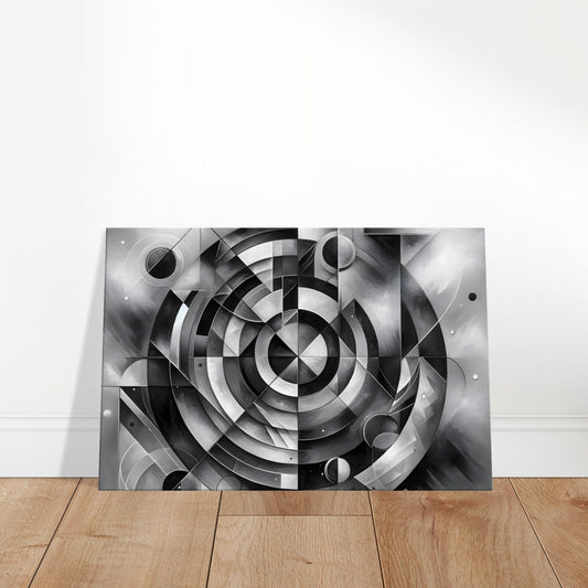Black and white abstract canvas art featuring concentric circles and geometric gradients, creating a hypnotic and meditative visual effect.