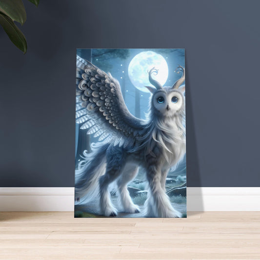 Artwork of a mythical creature with a deer’s body and an owl’s head and wings, in silvery tones, standing in a misty moonlit forest.