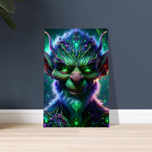 Artwork of a mischievous Goblin with glowing green eyes and green-purple-blue skin in a glowing, enchanted forest.