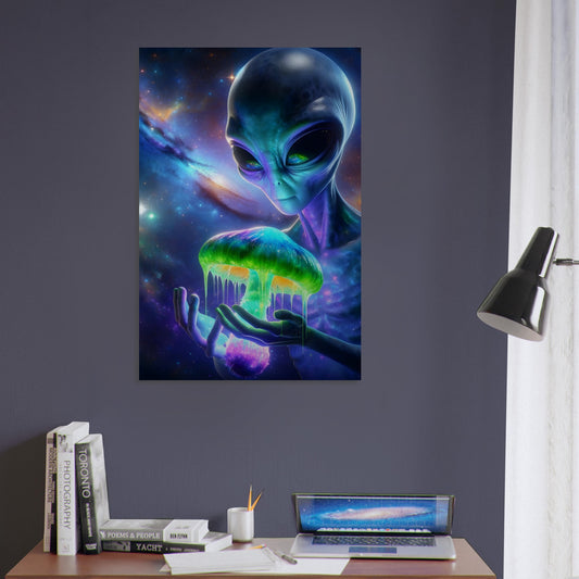 Metal poster of a majestic alien holding a glowing mushroom in shades of green, blue, and purple with a star-filled cosmic background.