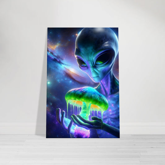 Canvas wall art of an alien holding a glowing mushroom in front of a vibrant interstellar background.