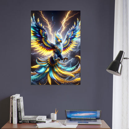 Metal poster of a colossal Roc bird with outstretched wings flying above rugged mountain peaks under a dramatic sky.