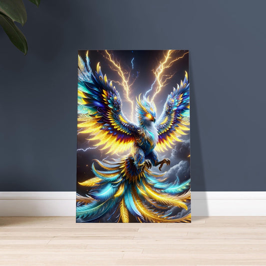 Mythical Roc bird flying over rugged mountain peaks with outstretched wings and detailed feathers.