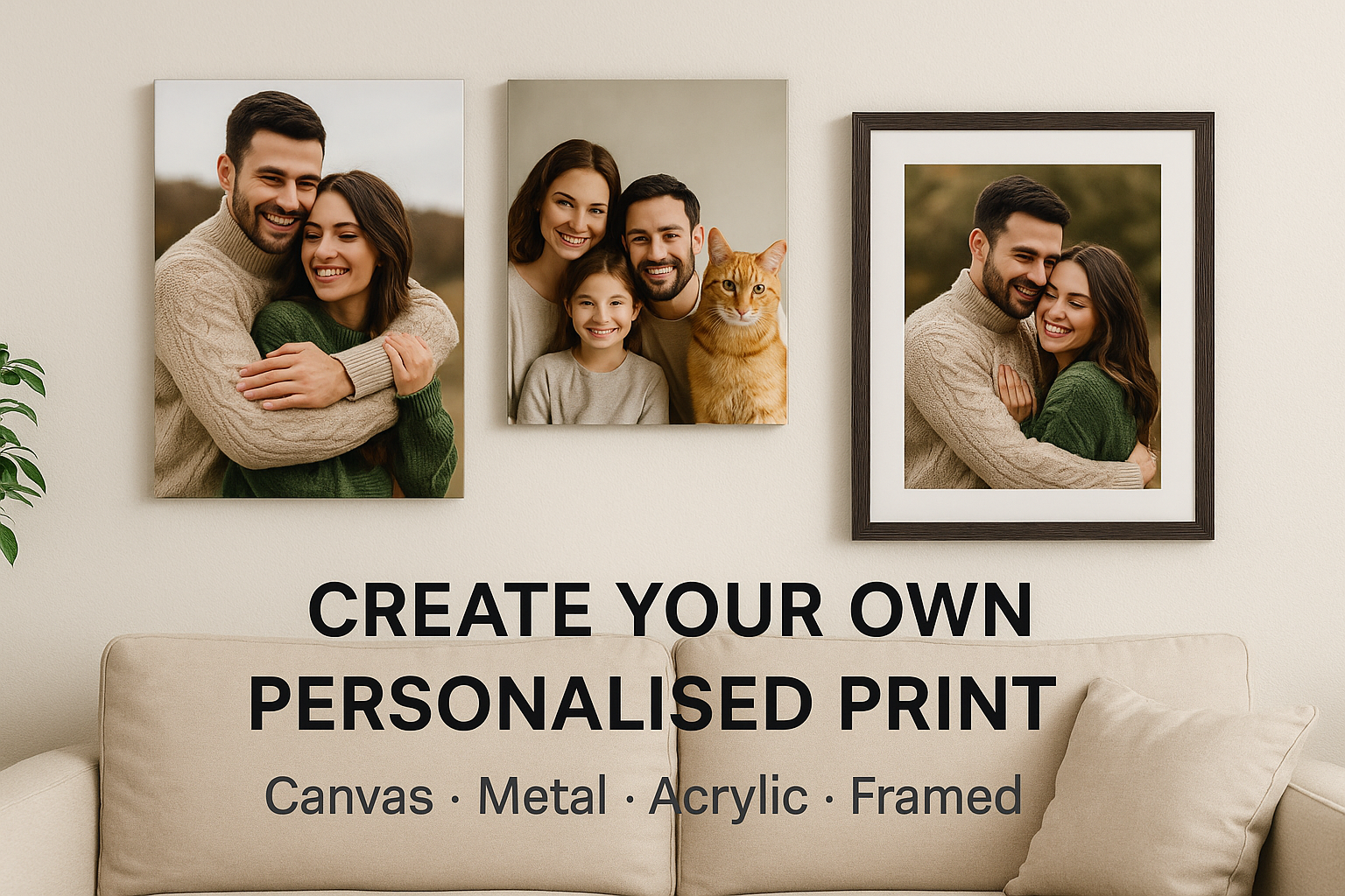 A 3:2 landscape banner showing four personalised wall art formats—canvas, metal, acrylic, and framed—displayed in a cozy living room above a beige sofa, featuring photos of a couple, a smiling family, and a pet cat, with centred text reading “Create Your Own Personalised Print – Canvas · Metal · Acrylic · Framed.”