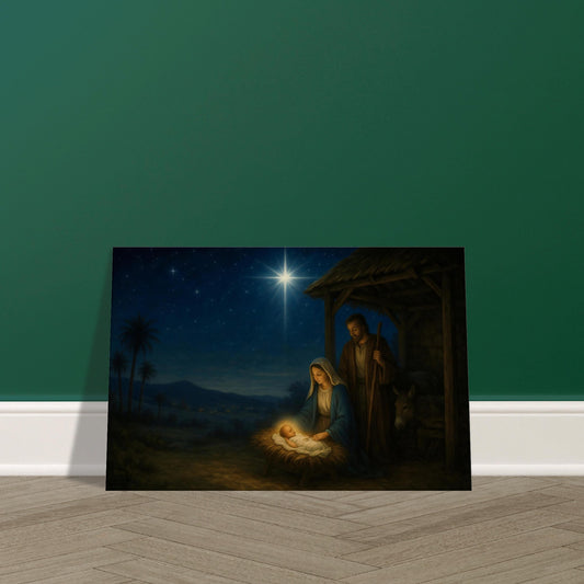 Nativity scene with Mary, Joseph, and baby Jesus glowing in manger beneath radiant star, 3:2 landscape on premium canvas print.