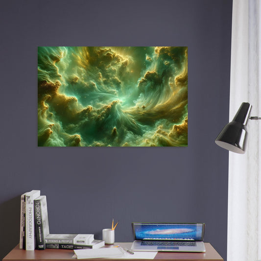 Metal poster featuring a detailed green and gold nebula with swirling gas clouds, evoking tranquility and cosmic elegance.