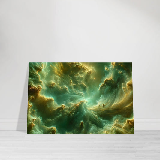 Canvas artwork of a swirling green and gold nebula with intricate gas clouds and a tranquil cosmic ambiance.