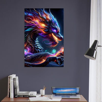 Metal poster of a glowing galactic sea serpent with blue, green, purple, and red highlights coiling through a star-filled cosmic backdrop.