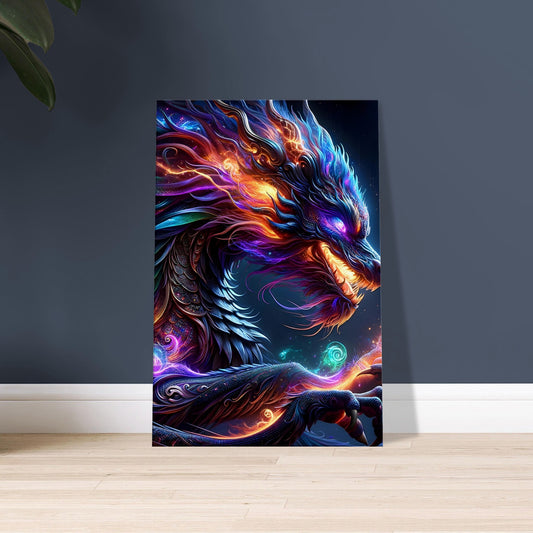 Realistic artwork of a massive mythical creature with glowing accents in blue, purple, green, and red against a dark, cosmic backdrop.