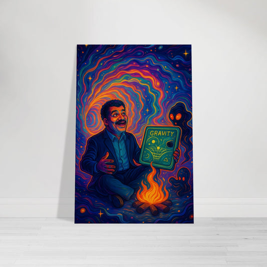 Cartoon of Neil deGrasse Tyson floating through a wormhole with a glowing chalkboard, surrounded by galaxies and a sentient black hole.